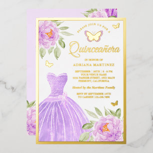 Lavender Floral Dress Butterfly Quinceanera Gold Foil Invitation