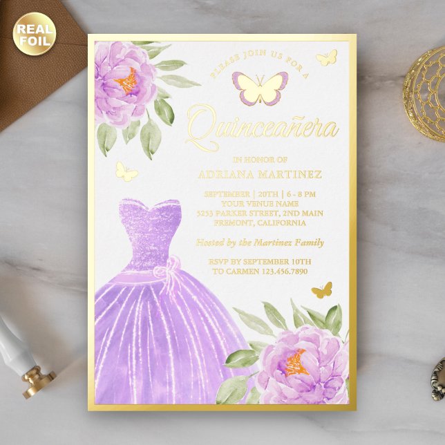 Lavender Floral Dress Butterfly Quinceanera Gold Foil Invitation (Creator Uploaded)