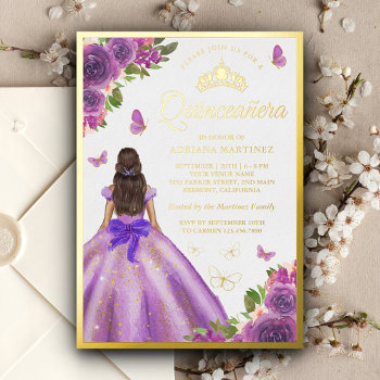 Lavender Floral Dress Butterfly Quinceanera Gold Foil Invitation by ShabzDesigns at Zazzle