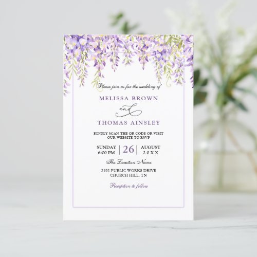 Lavender Floral Elegant Budget QR Code Wedding Invitation