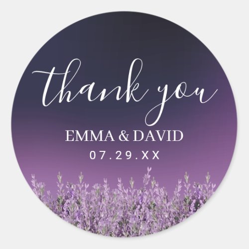 Lavender Floral Elegant Purple Wedding Thank You Classic Round Sticker