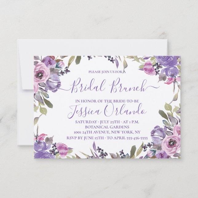 Lavender  Floral Elegant Script Bridal Brunch Invitation (Front)