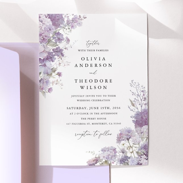 Lavender Floral Elegant Wedding Invitation (Lavender floral wedding invitation with hydrangea watercolor, elegant serif typography)