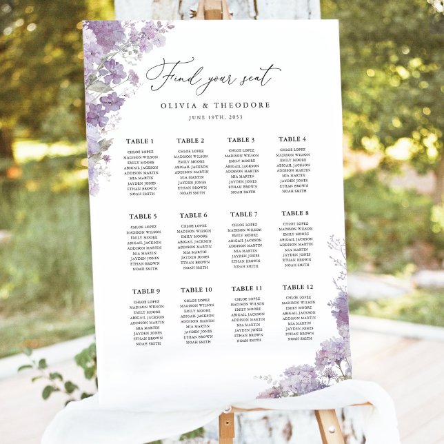 Lavender Floral Elegant Wedding Seating Chart Sign (lavender floral wedding seating chart sign elegant garden purple seating plan outdoor watercolor)