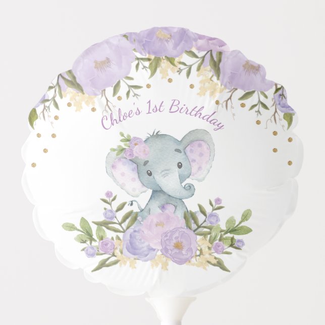 Lavender Floral Elephant 1st Birthday Decoration Balloon (Front)
