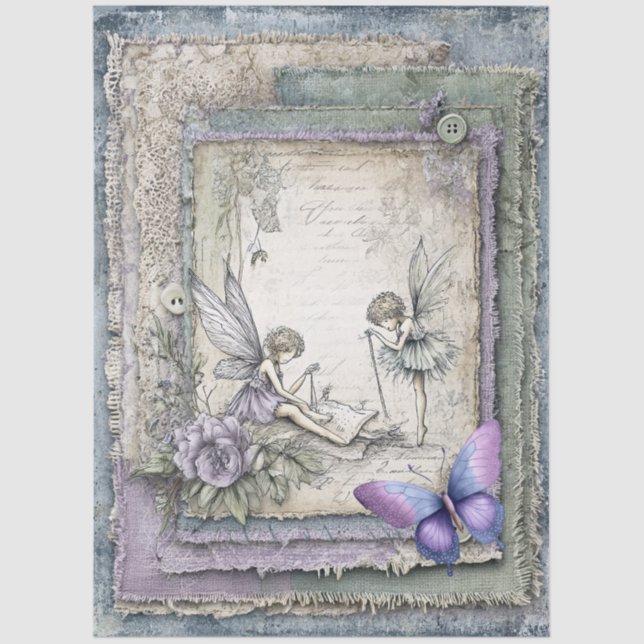 Lavender Floral Fairies & Butterfly Decoupage Tissue Paper (Front)