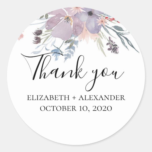 Lavender floral favor thank you. Purple wedding Classic Round Sticker (Front)