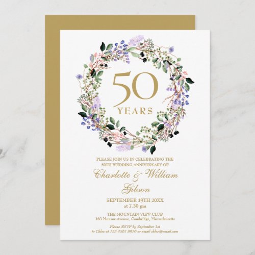 Lavender Floral Garland 50th Wedding Anniversary Invitation