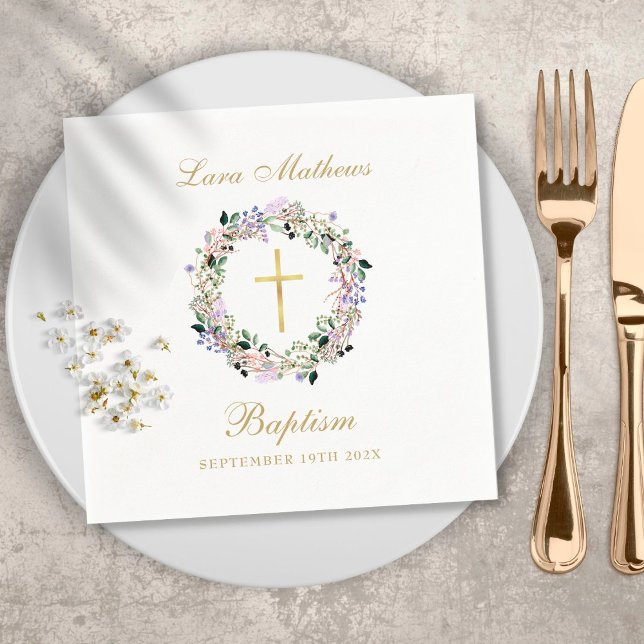 Lavender Floral Garland Gold Baptism Christening Napkins (Creator Uploaded)