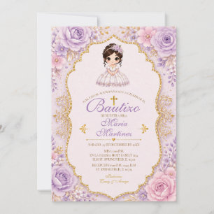 Lavender Floral Girl Bautizo Invitation with Gold 