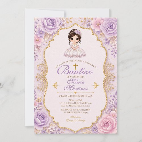 Lavender Floral Girl Bautizo Invitation with Gold