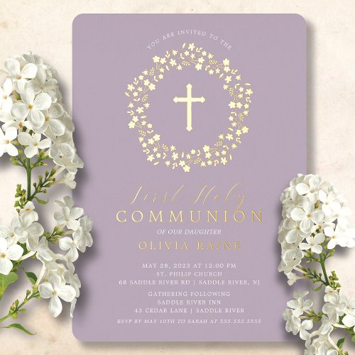 Lavender Floral Girls First Communion Foil Invitation