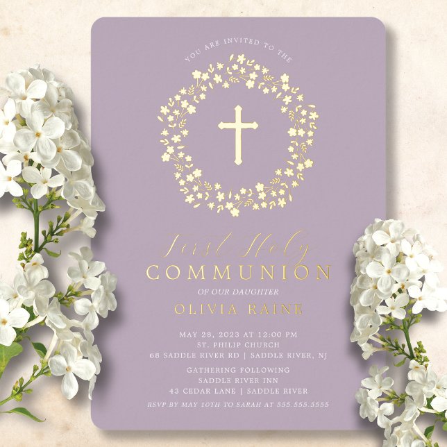 Lavender Floral Girls First Communion Foil Invitation (Creator Uploaded)