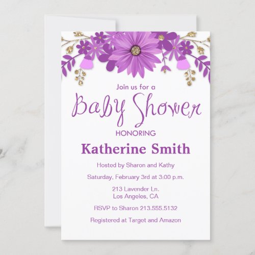 Lavender Floral Glitter Baby Shower Invitation