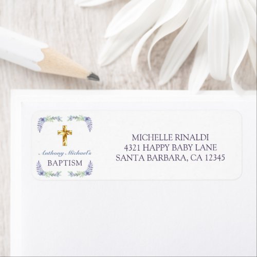 Lavender Floral Gold Cross Baby Baptism Address Label