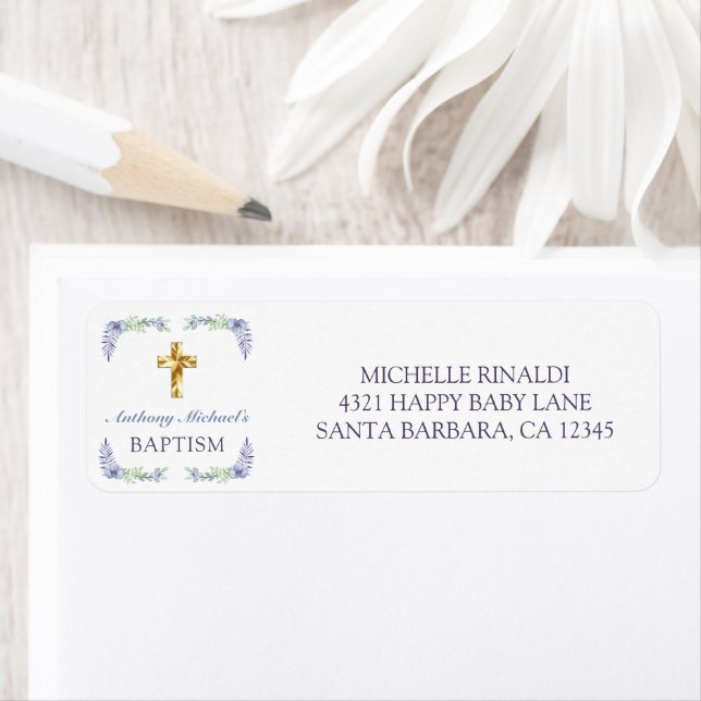 Lavender Floral Gold Cross Baby Baptism Address Label (Insitu)