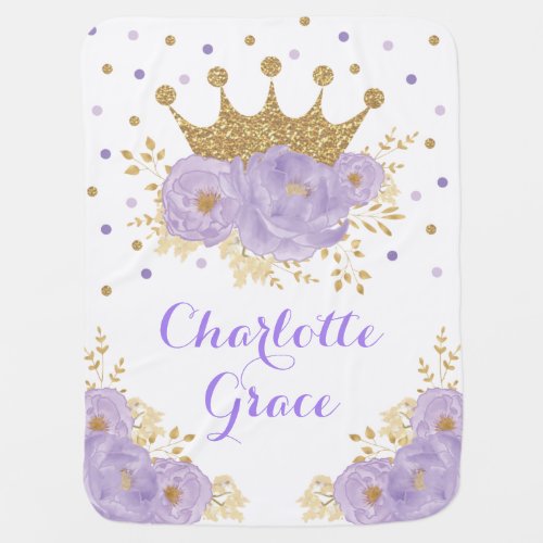 Lavender Floral Gold Crown Princess Girl Nursery Baby Blanket