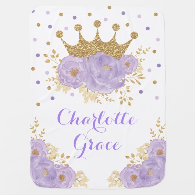 Lavender Floral Gold Crown Princess Girl Nursery Baby Blanket (Front)