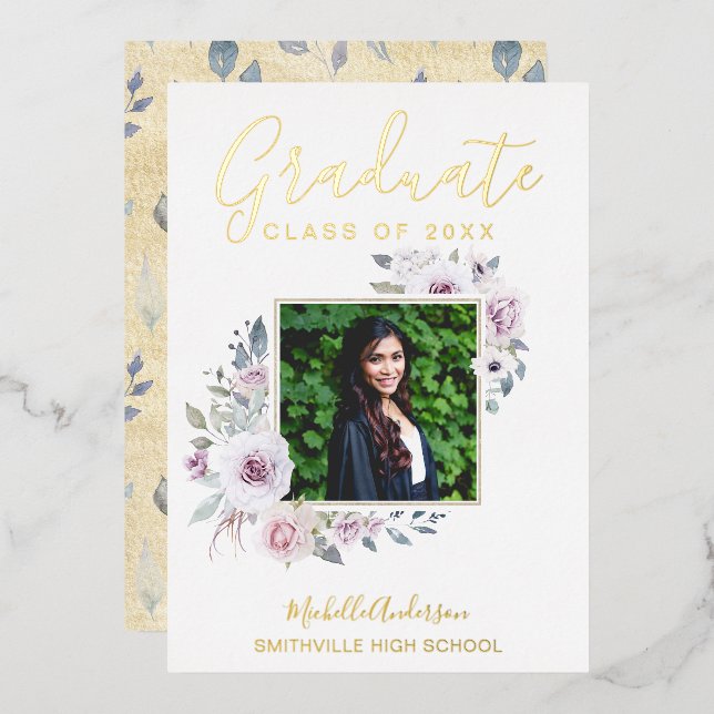 Lavender Floral Gold Foil Photo Graduation Invitation (Front/Back)