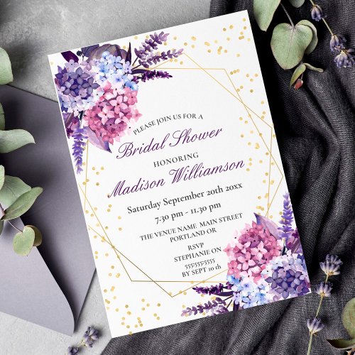 Lavender Floral Gold Geometric Bridal Shower  Invitation