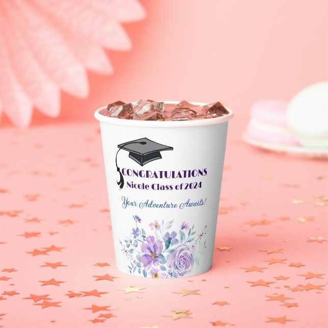 Lavender Floral Graduation Paper Cups (Insitu)