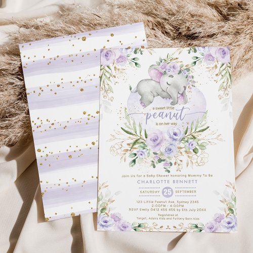 Lavender Floral Greenery Gold Elephant Baby Shower Invitation