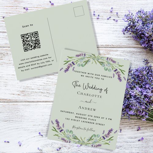 Lavender floral greenery sage green QR wedding Invitation Postcard