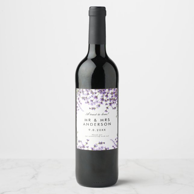 lavender floral greenery wedding party bottle wine label (Front)