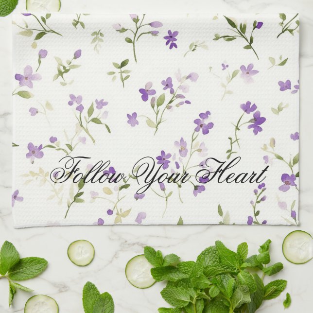 Lavender Floral Heart Kitchen Towel (Folded)