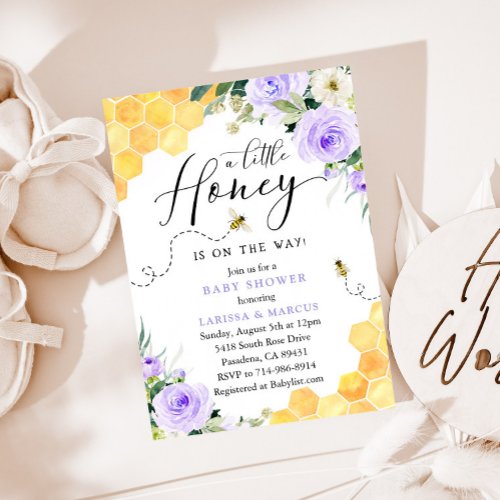 Lavender Floral Honey Bee Baby Shower Invitation