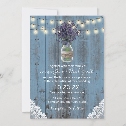 Lavender Floral Jar Dusty Blue Laced Barn Wedding Invitation