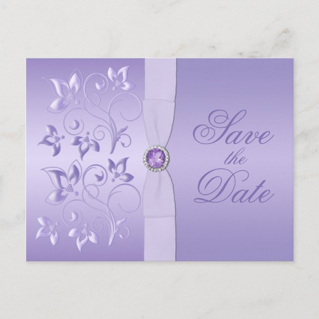 Lavender Floral Jewelled Save the Date Postcard (Front)