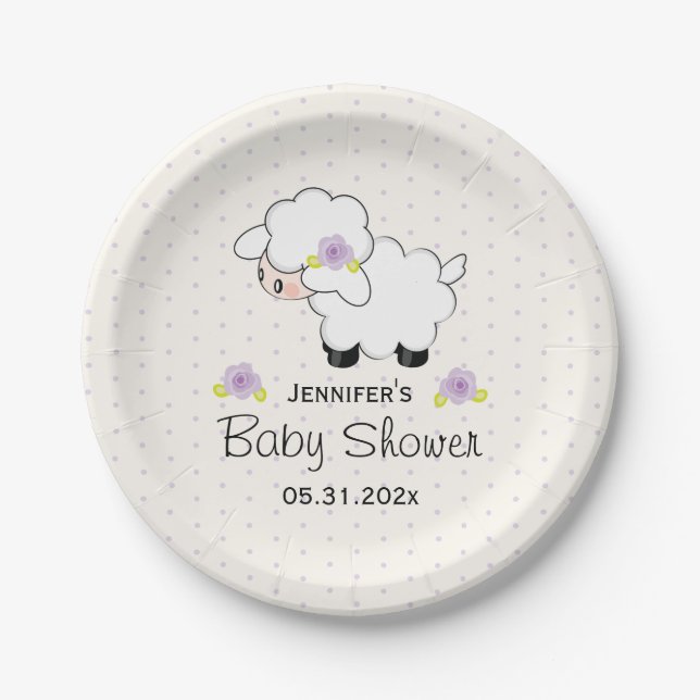 Lavender Floral Lamb Baby Shower Paper Plates (Front)
