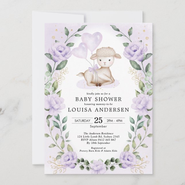 Lavender Floral Little Lamb Baby Sheep Shower Invitation (Front)