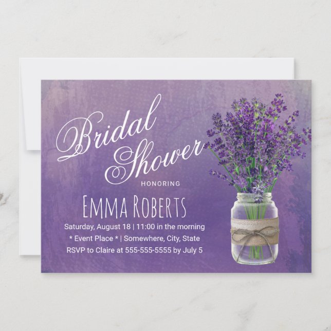 Lavender Floral Mason Jar Watercolor Bridal Shower Invitation (Front)