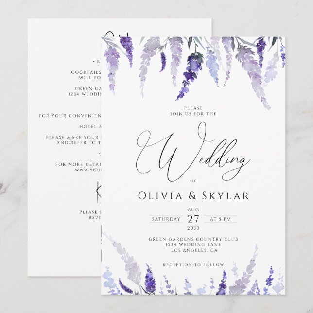 Lavender Floral Mauve QR Code All In One Wedding Invitation (Front/Back)