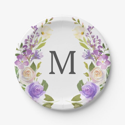 Lavender Floral Monogram Bridal Shower Paper Plate