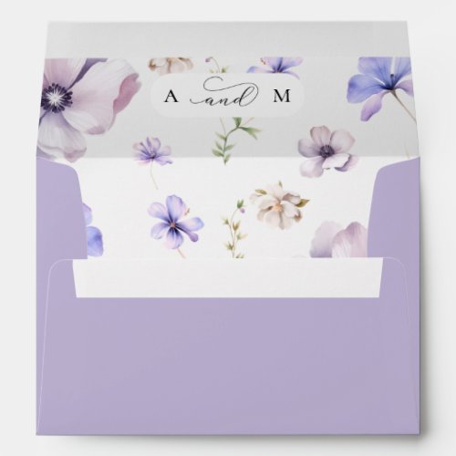 Lavender Floral  Monogram Elegant Purple Wedding Envelope