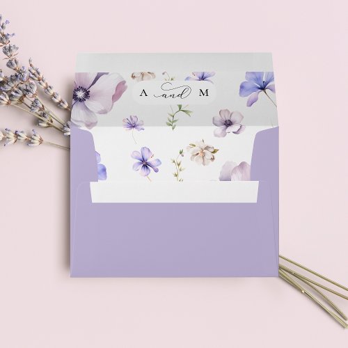 Lavender Floral  Monogram Elegant Purple Wedding Envelope