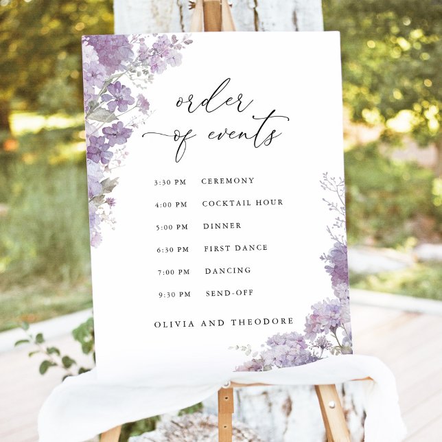 Lavender Floral Order of Events Wedding Sign (Lavender floral order of events wedding sign, watercolor lilac purple elegant ceremony timeline sign)