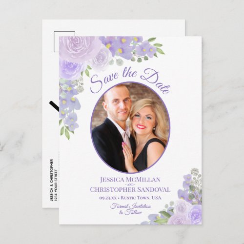 Lavender Floral Oval Photo Wedding Save the Date Announcement Postcard