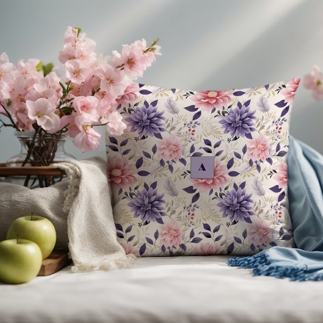 Lavender floral  pattern monogram throw pillow (Creator Uploaded)