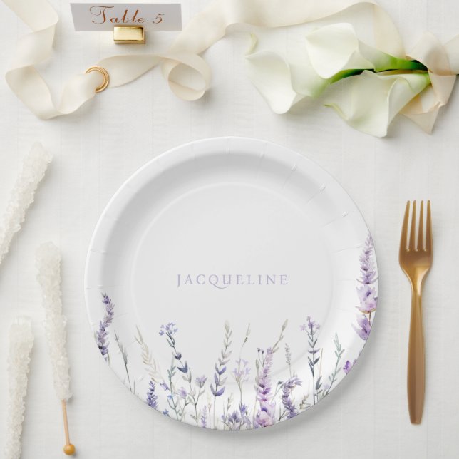 Lavender Floral Personalized Name Shower Paper Plates (Wedding)
