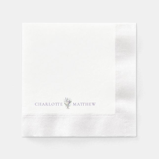 Lavender Floral Personalized Names Wedding Napkins (Front)