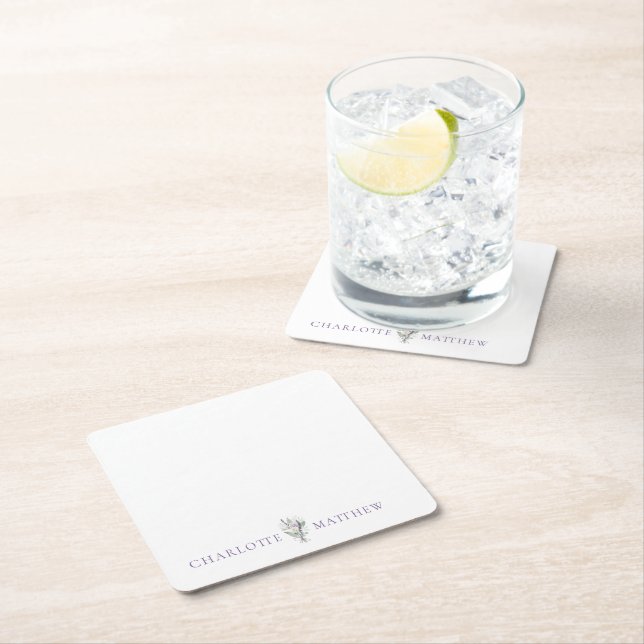 Lavender Floral Personalized Names Wedding Square Paper Coaster (Insitu)