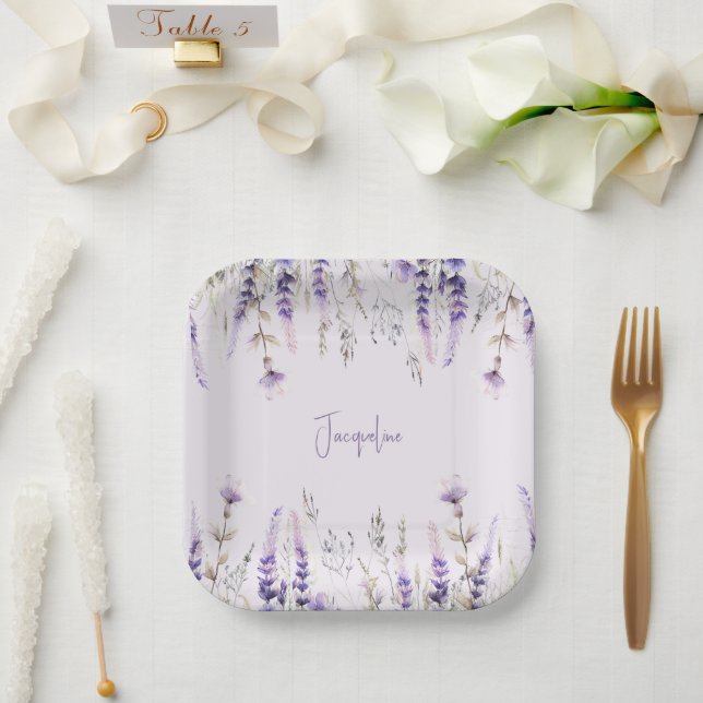 Lavender Floral Personalized Shower Paper Plates (Wedding)