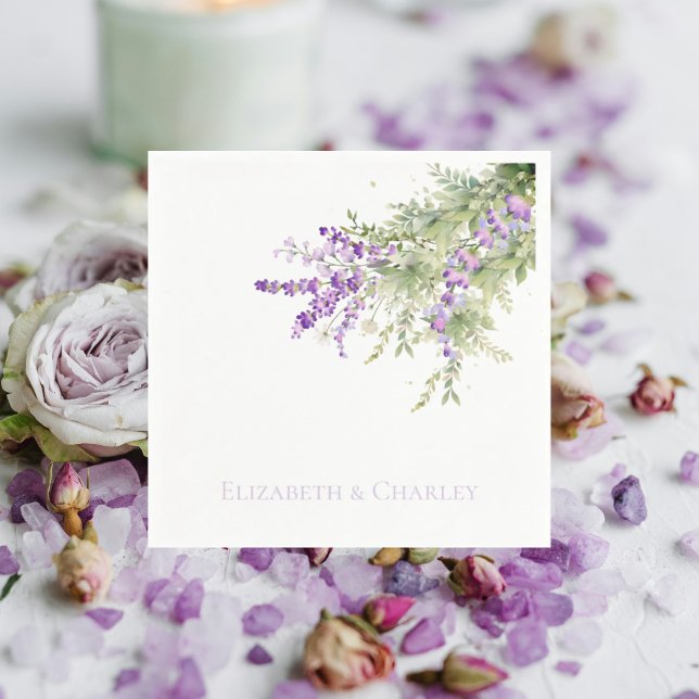 Lavender Floral Personalized Wedding Cocktail Napkins (Creator Uploaded)