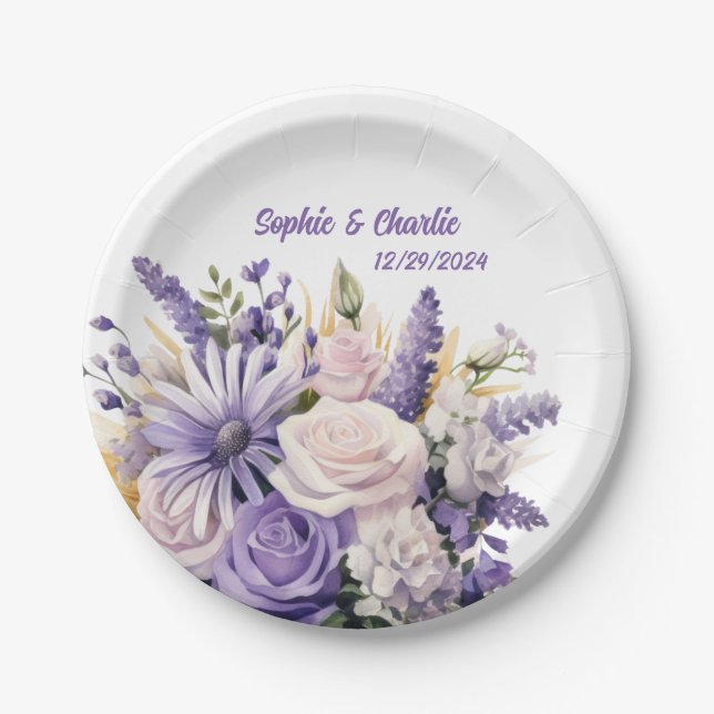 Lavender Floral Personalized Wedding Plates (Front)