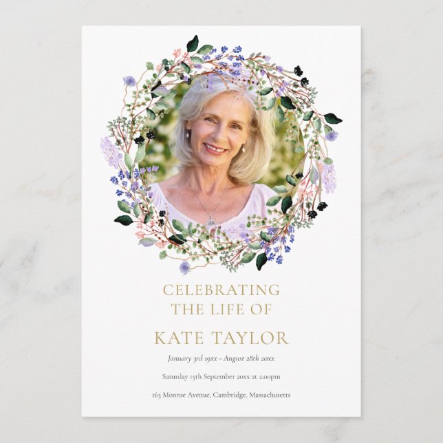 Lavender Floral Photo Funeral Order Of Service Program (Front)