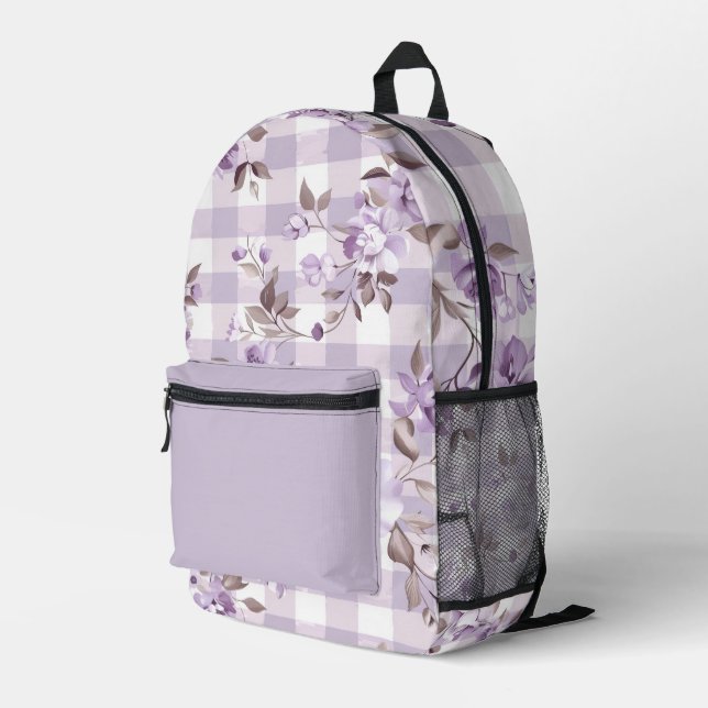 Lavender Floral Plaid Backpack (Back Corner Right)